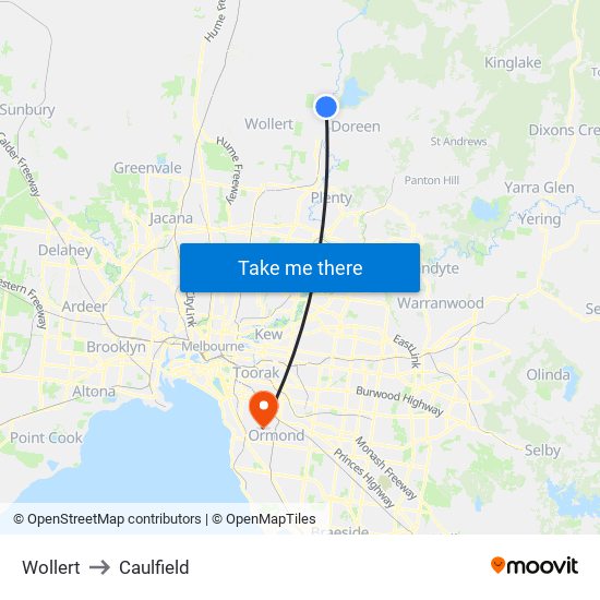 Wollert to Caulfield map