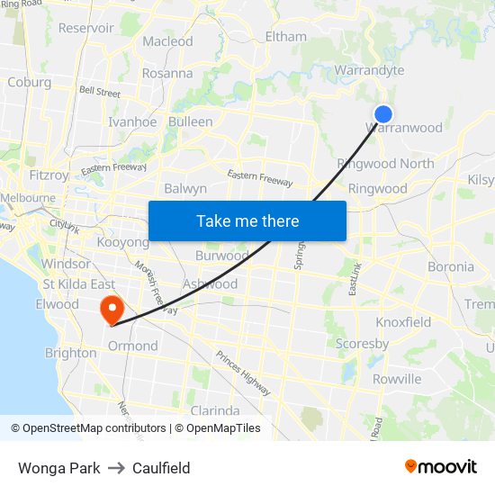 Wonga Park to Caulfield map