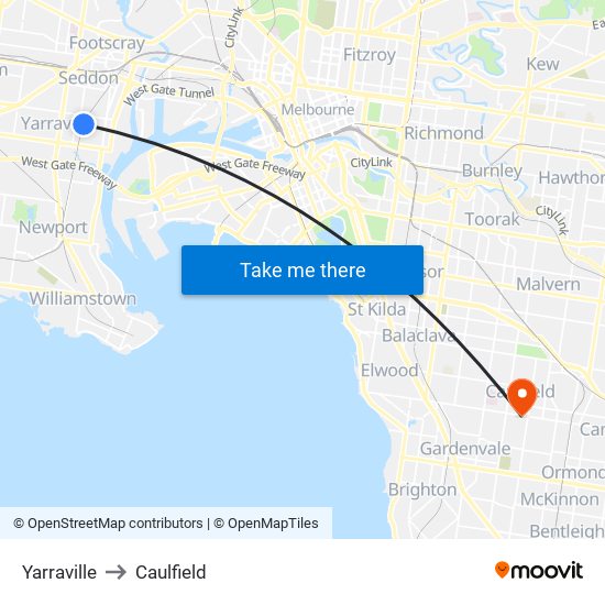 Yarraville to Caulfield map