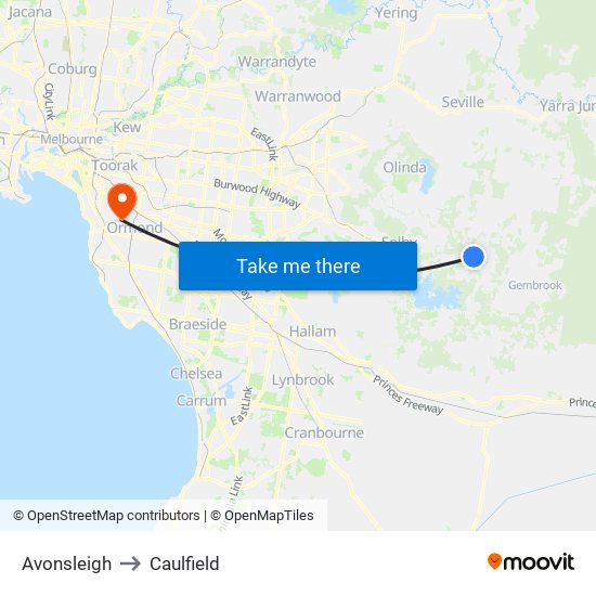 Avonsleigh to Caulfield map