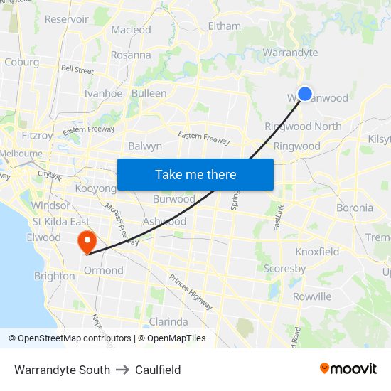 Warrandyte South to Caulfield map