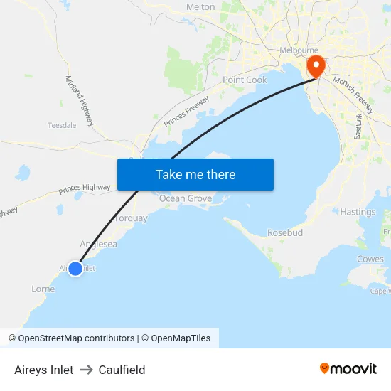 Aireys Inlet to Caulfield map