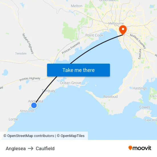 Anglesea to Caulfield map