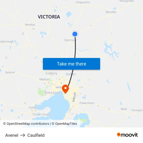 Avenel to Caulfield map