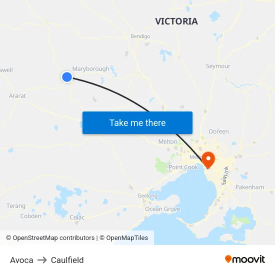 Avoca to Caulfield map