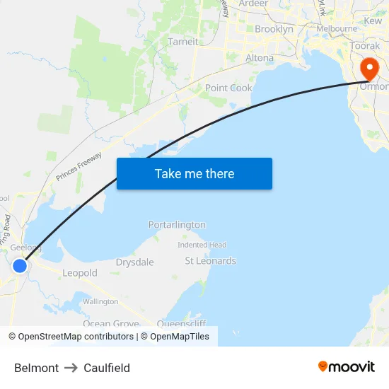 Belmont to Caulfield map