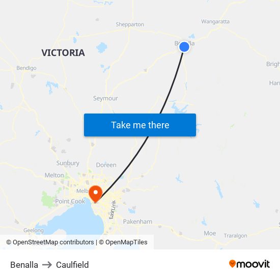 Benalla to Caulfield map