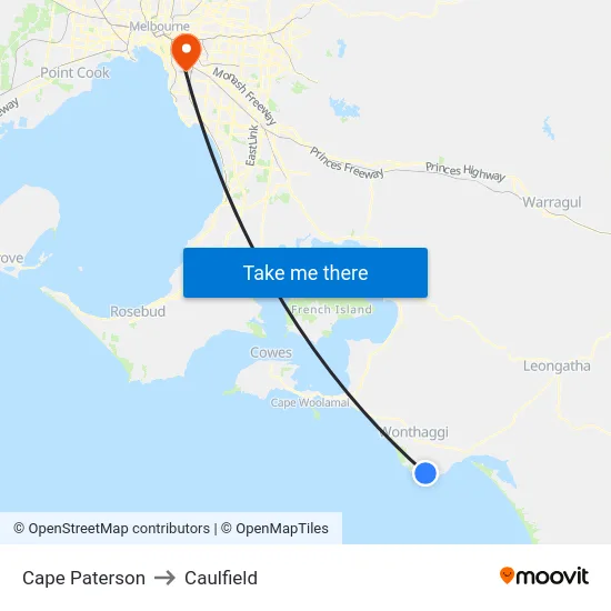 Cape Paterson to Caulfield map