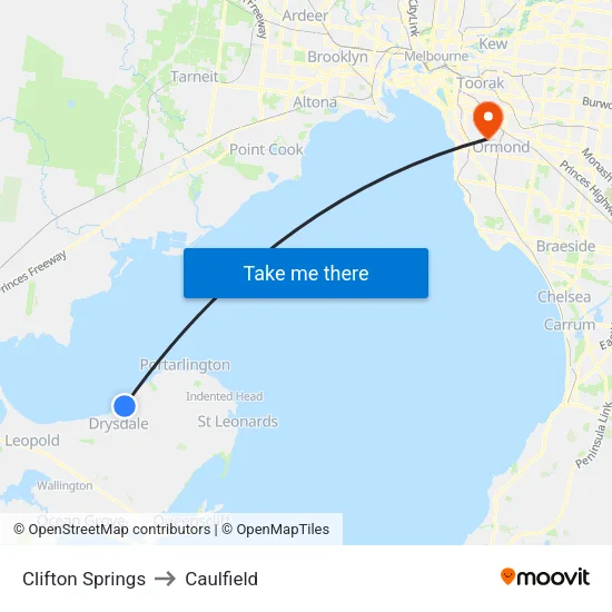 Clifton Springs to Caulfield map