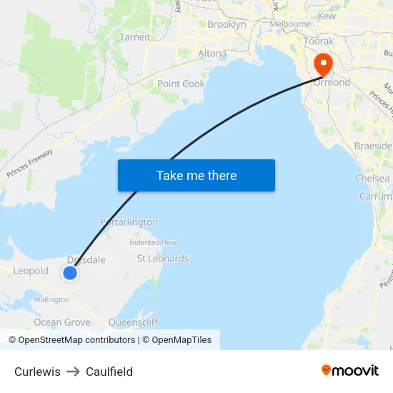 Curlewis to Caulfield map