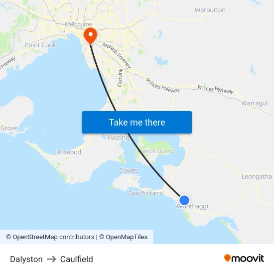 Dalyston to Caulfield map