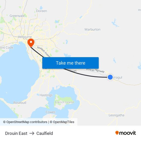 Drouin East to Caulfield map