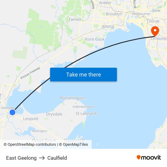 East Geelong to Caulfield map