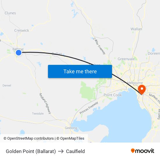 Golden Point (Ballarat) to Caulfield map