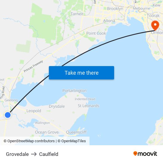 Grovedale to Caulfield map