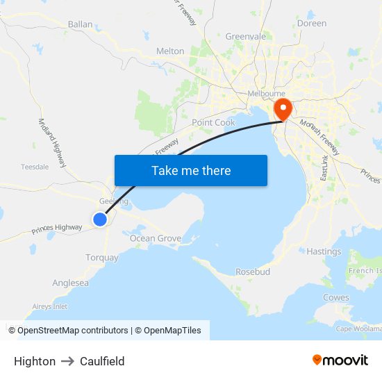 Highton to Caulfield map