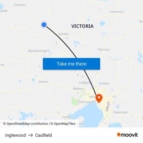 Inglewood to Caulfield map