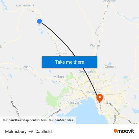 Malmsbury to Caulfield map