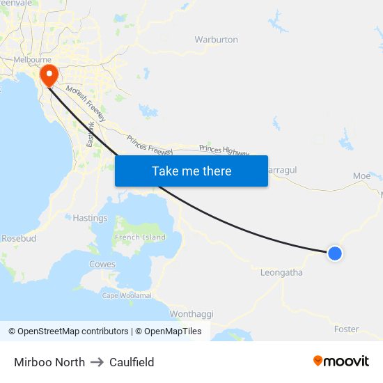 Mirboo North to Caulfield map