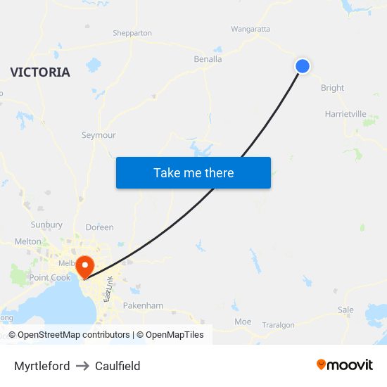 Myrtleford to Caulfield map