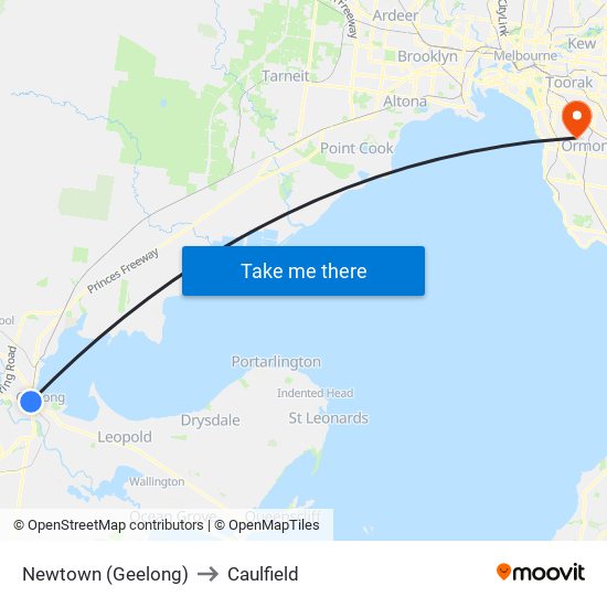 Newtown (Geelong) to Caulfield map