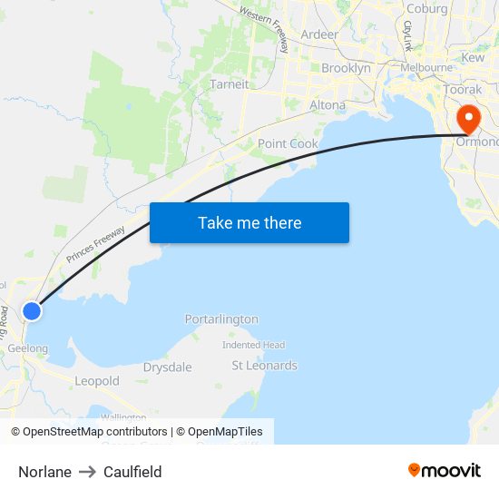 Norlane to Caulfield map