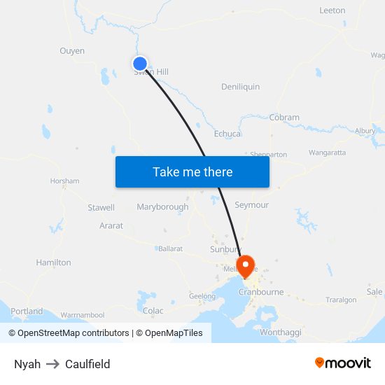 Nyah to Caulfield map