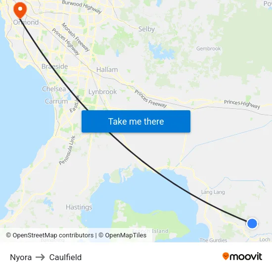 Nyora to Caulfield map