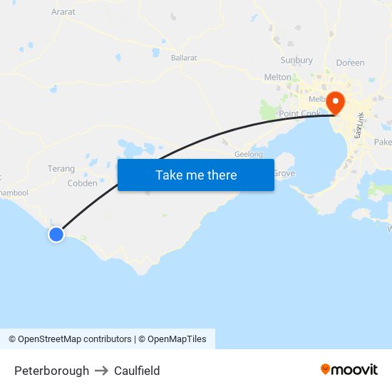 Peterborough to Caulfield map