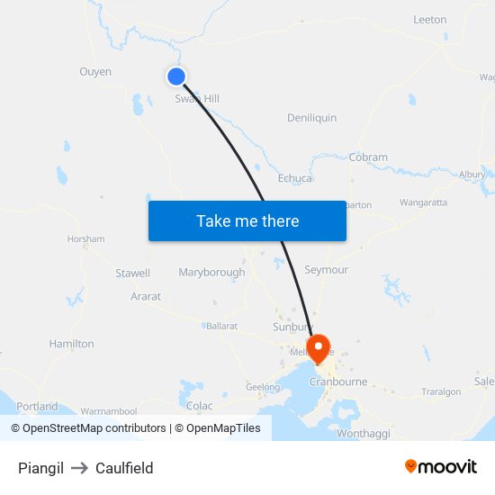 Piangil to Caulfield map