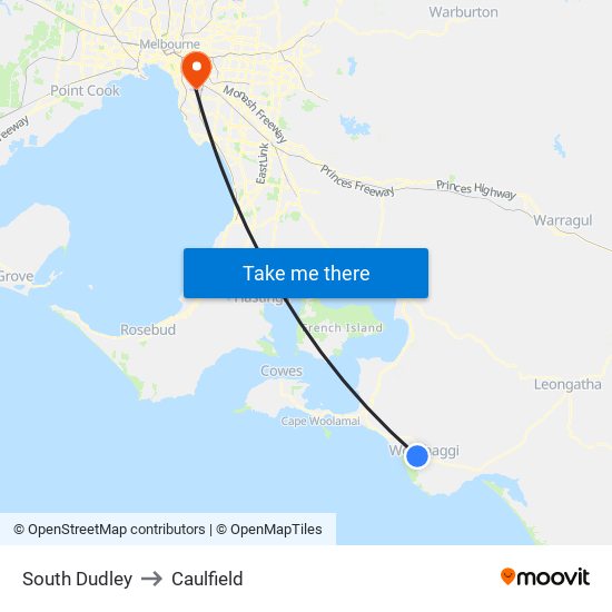 South Dudley to Caulfield map