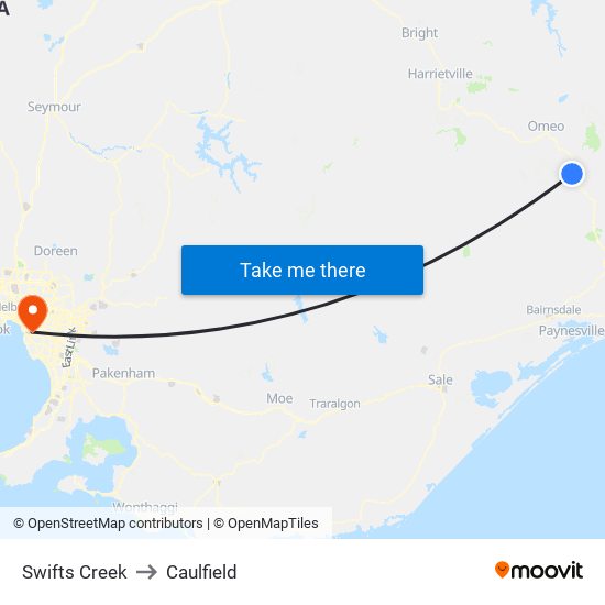 Swifts Creek to Caulfield map