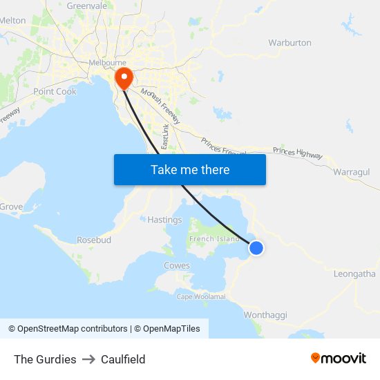 The Gurdies to Caulfield map