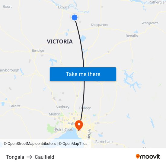 Tongala to Caulfield map