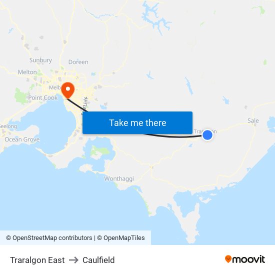 Traralgon East to Caulfield map