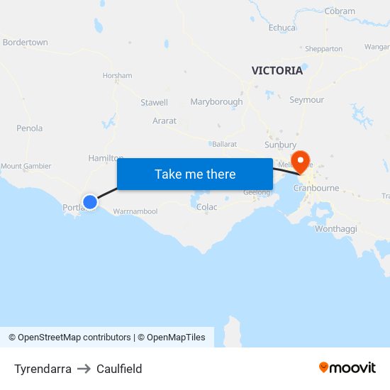 Tyrendarra to Caulfield map