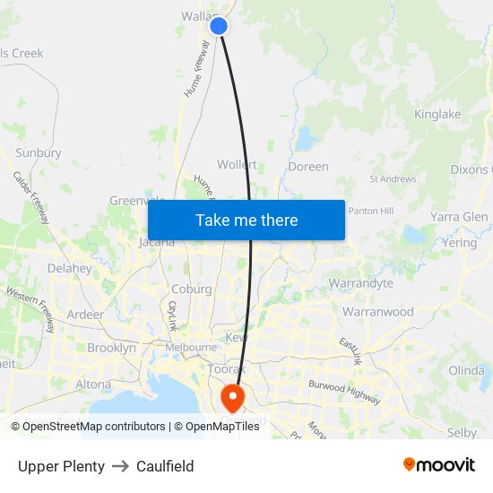 Upper Plenty to Caulfield map