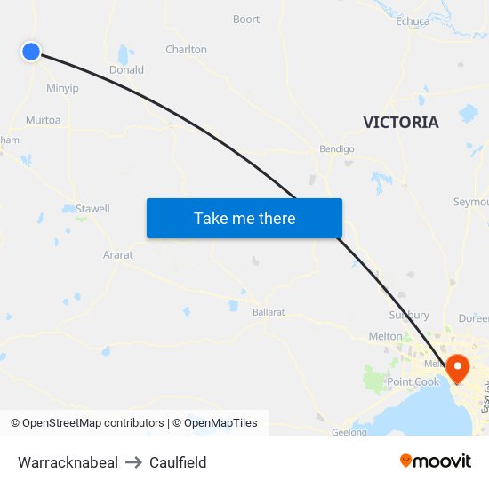 Warracknabeal to Caulfield map