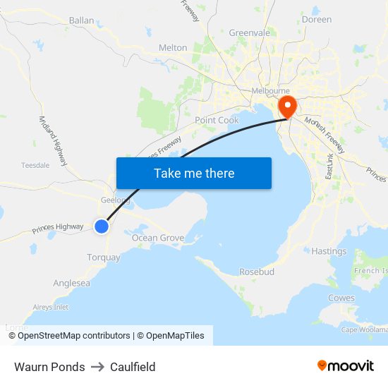 Waurn Ponds to Caulfield map