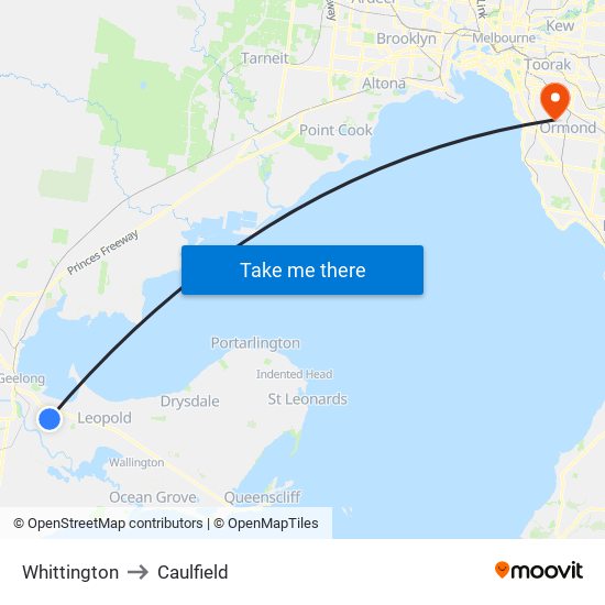 Whittington to Caulfield map