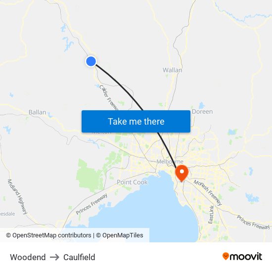 Woodend to Caulfield map