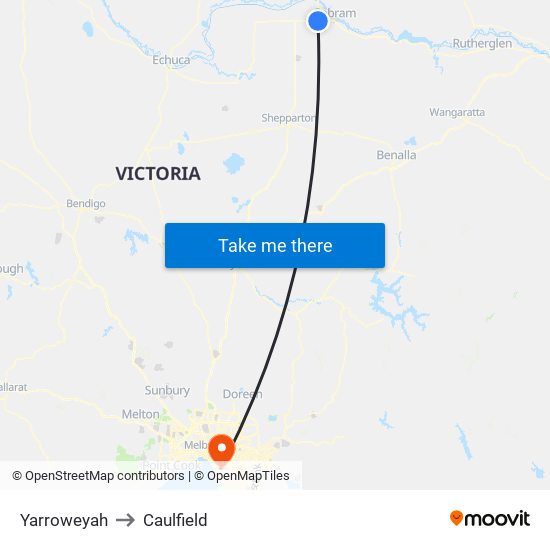 Yarroweyah to Caulfield map