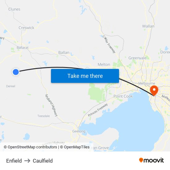 Enfield to Caulfield map