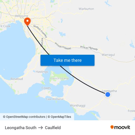 Leongatha South to Caulfield map