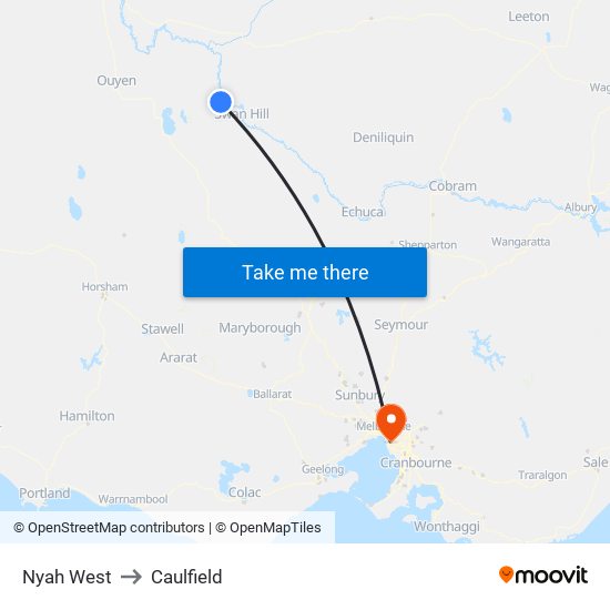 Nyah West to Caulfield map