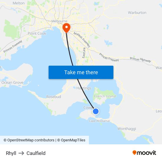 Rhyll to Caulfield map