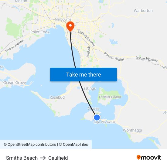 Smiths Beach to Caulfield map