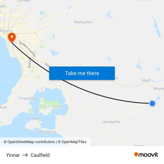 Yinnar to Caulfield map