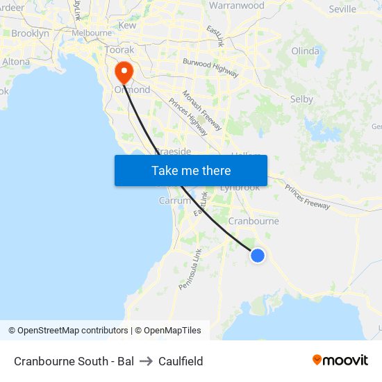 Cranbourne South - Bal to Caulfield map