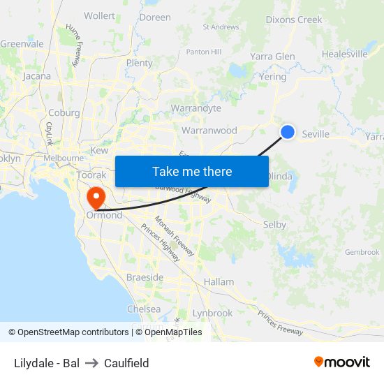 Lilydale - Bal to Caulfield map